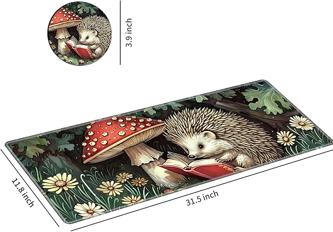 Desk Mat Large Gaming Mouse Pad (31.5x11.8 inch) with Stitched Edges, XL Mouse Pad +Coaster, Extended Mouse Mat Keybroad Mousepad Non-Slip Rubber for Gamer Men Women, Hedgehog Mushrooms