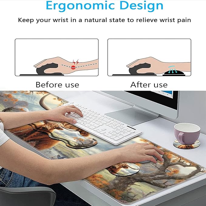 Keyboard Mouse Pad Set,Large Mouse Pad+Keyboard Wrist Rest+Wrist Support+Coaster,31.5x11.8in Extended Desk Mat for Computer Laptop Office Home-Highland Cow