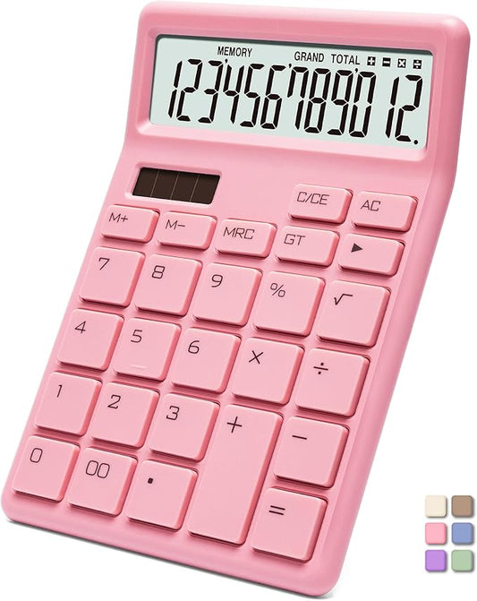 Desk Calculator 12 Digit,Pink Desktop Dual Power Battery and Solar,Desk Calculators with Large LCD Display,Perfect for Home, Office,and School Use,Auto Sleep