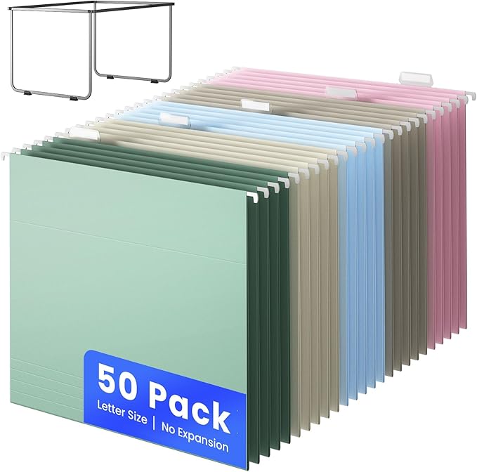 Hanging File Folders Letter Size, Metal File Frame with 50 Pcs Colored Hanging File Folders, No Extension 1/5-Cut Tabs File Organizer Includes Hanging Folders for Desk Office Filing Cabinet
