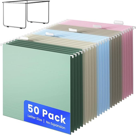 Hanging File Folders Letter Size, Metal File Frame with 50 Pcs Colored Hanging File Folders, No Extension 1/5-Cut Tabs File Organizer Includes Hanging Folders for Desk Office Filing Cabinet