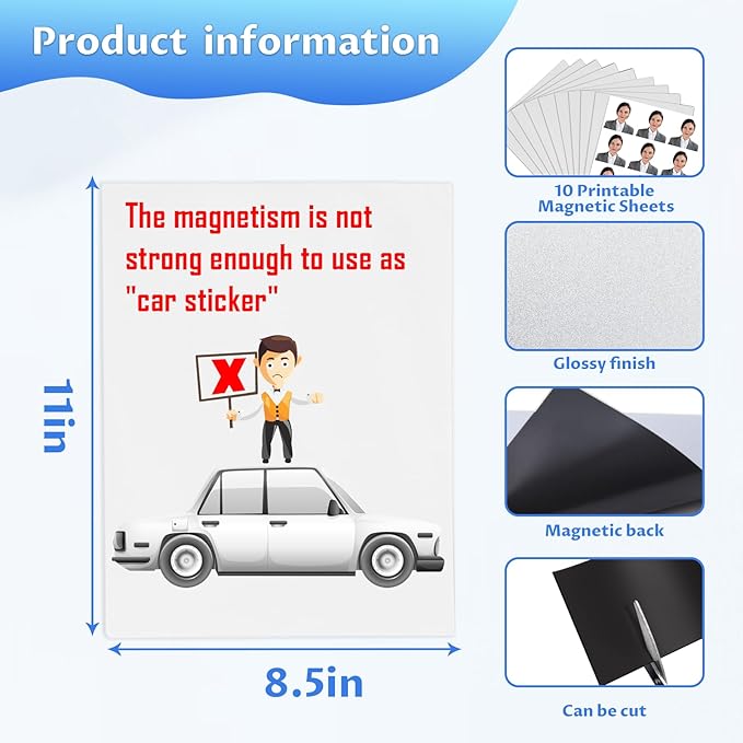 Printable Magnetic Sheets 8.5x11 Inches, 15 Sheets Glossy Print Paper Non-Adhesive Backing, 12mil Thickness for Inkjet Printers DIY Flexible Magnet Photos