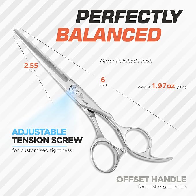 Fagaci Left Handed Hair Cutting Scissors 6 Inch with Extremely Sharp Blades, 440C Steel Hair Cutting Scissors, Durable, Smooth Motion & Fine Cut, Barber Scissors with Elegant Sheath