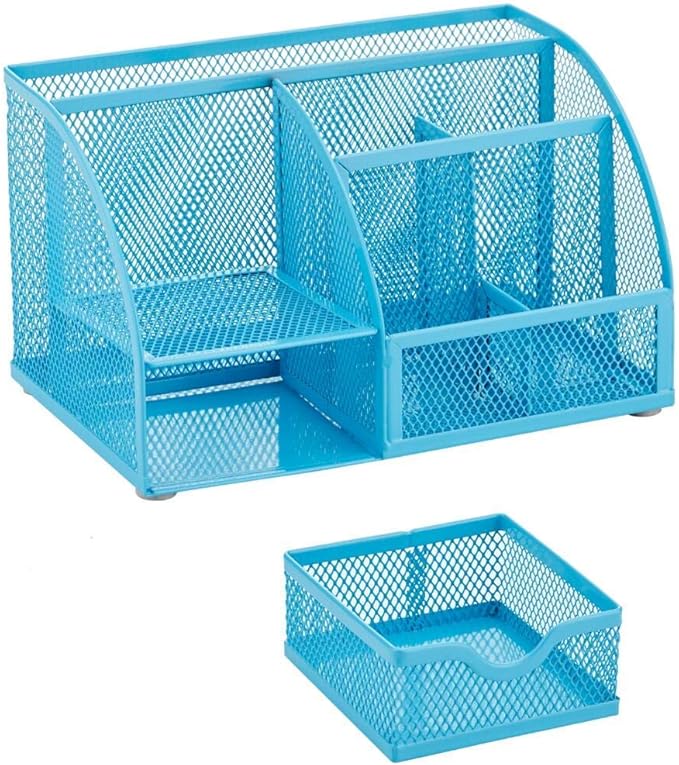 Annova Mesh Desk Organizer Office with 7 Compartments + Drawer/Desk Tidy Candy/Pen Holder/Multifunctional Organizer (Blue)