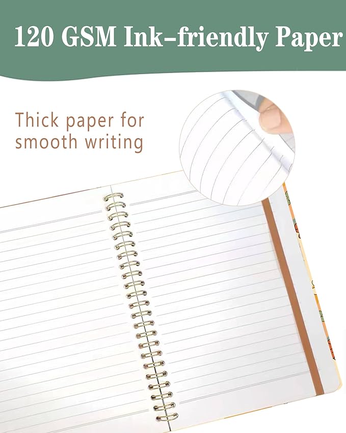 Spiral Journal Notebook, A5 Cute Notebooks for Women Men, College Ruled Hardcover Notebook for Work & Note Taking, 60 Pages Double-Wire Journals for Writing, Retro Boho Flowers