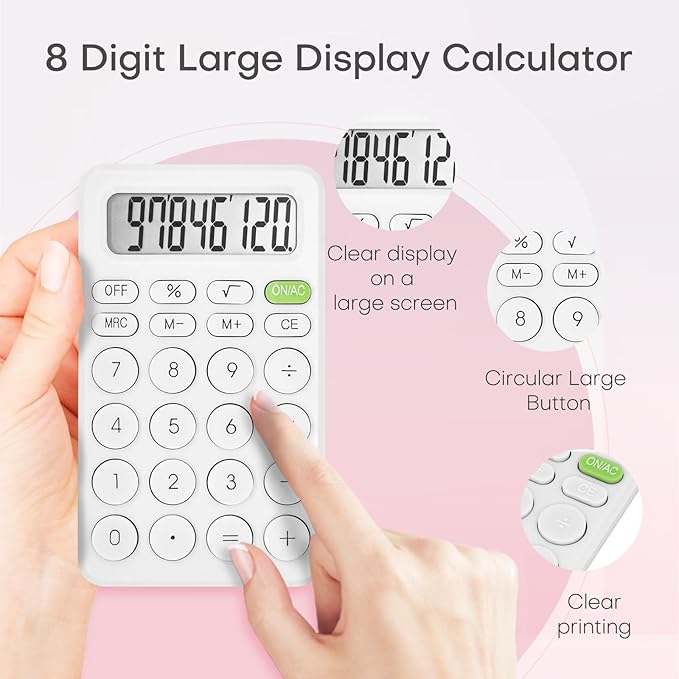 Cute Calculator, Basic Four Function for Teachers Students Basics Office, Small Handheld Calculators, 8 Digit with LCD Display, Sensitive Button, 5.5×3.2 inches White