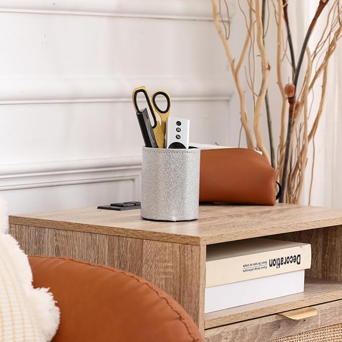 Pencil Holder for Desk, PU Leather Pen Holders for Cosmetics Office Supplies,Brush Holder Makeup Organizer Silver PH108