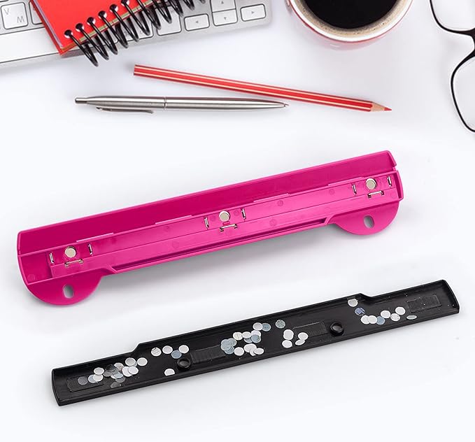 Eagle 3 Hole Punch, Portable Ring Binder 3 Hole Punch, Paper Puncher with Integrated Ruler, 5 Sheets Capacity, for Ring Binders, Office and School Supplies (Deep Pink)