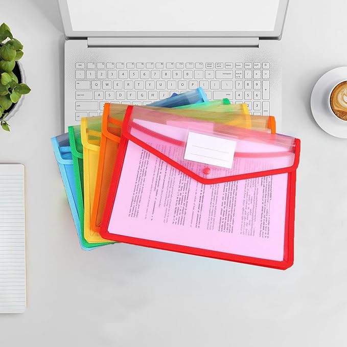 Plastic File Folder, 9 Pcs Large-Capacity Poly Envelope Expanding Wallet Document Folder Letter Size A4 Accordion File Pouch with Label Pocket, Snap Button for School Home Work Office Organization