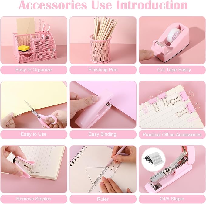 Pink Desk Organizers and Accessories, Pink Office Supplies Include Mesh Desk Organizer, Tape Dispenser, Stapler, 1000 Staples, Staple Remover, Pen Holder, Clips Set, Ruler, Scissors