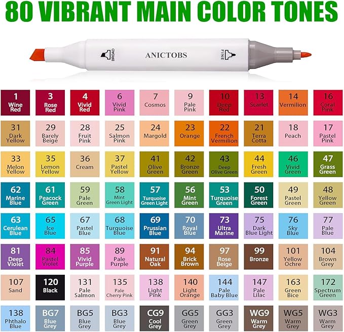 Alcohol Markers 80 Colors with Base Support, Drawing Art Markers Perfect for Students Kids and Adults Comics Sketching Illustration Artistic Creation Gift