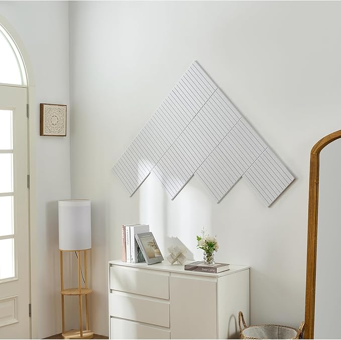 12-Pack Felt Wall Tiles, Large Bulletin Board with Safe Removable Adhesive Tapes, 11.8 x 11.8in Panels Alternative for Home Wall Decor, Striped White Pattern