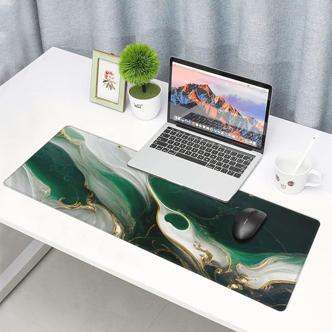 Desk Pad,Office Desk Mat 31.5"×11.8" Large Gaming Mouse Pad,Durable Extended Computer Mouse Pad,Waterproof Thick Big Mouse Pads with Non-Slip Rubber Base Office Home Green White Marble