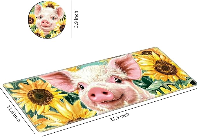 Desk Mat Large Gaming Mouse Pad (31.5x11.8 inch) with Stitched Edges, XL Mouse Pad +Coaster, Extended Mouse Mat Keybroad Mousepad Non-Slip Rubber for Gamer Men Women, Pig Sunflowers