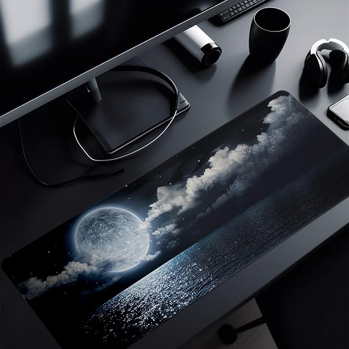 Black Sea Mouse Pad Abstract Black Mouse Pad 31.5x11.8 Inch Moon Texture Non-Slip Rubber Base Large Mousepad Stitched Edges Keyboard Mouse Mat Desk Pad for Office and Home