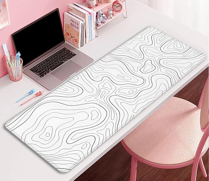 White Topographic Mouse Pad,Gaming Desk Pad with Stitched Edges Non-Slip Rubber Base Extended XL Mousepad Big Desk Mat for Office Home Work(27.5X11.8 Inch)