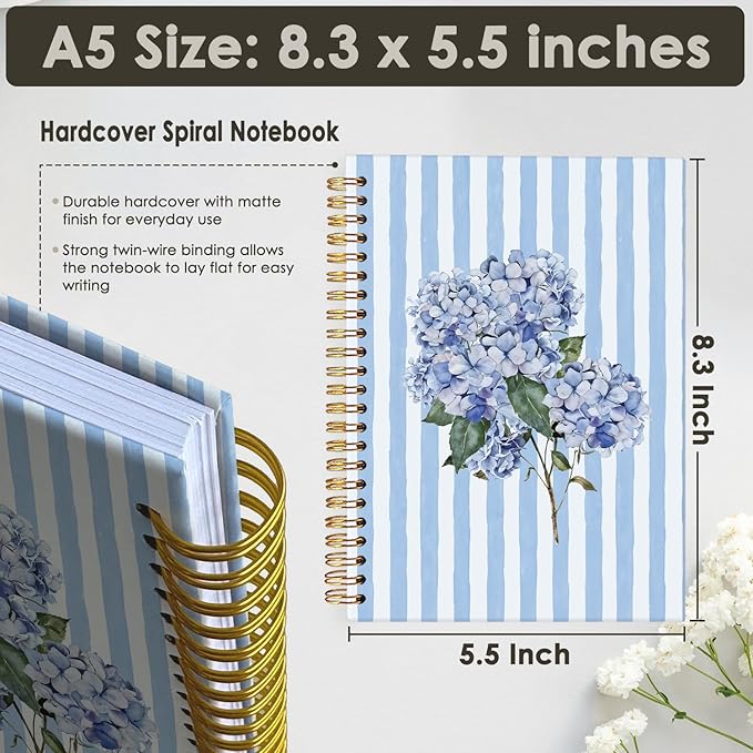 Wheatwin Blue Hydrangea Notebook Journal, Floral Hydrangea Gift for Women Girls, Blue Floral Notebooks Office Supplies Hardcover Spiral Notebook, 5.5x8.3 Inch