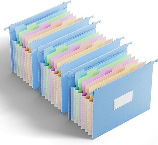 ANSOOK Wheat Straw Hanging File Folders Letter Size,7 Expansion 1.2" Accordion Pockets,3 Pack File Cabinet Folders with Tabs,Large Capacity,Natural Blue File Folders for Home and Office Bulk File