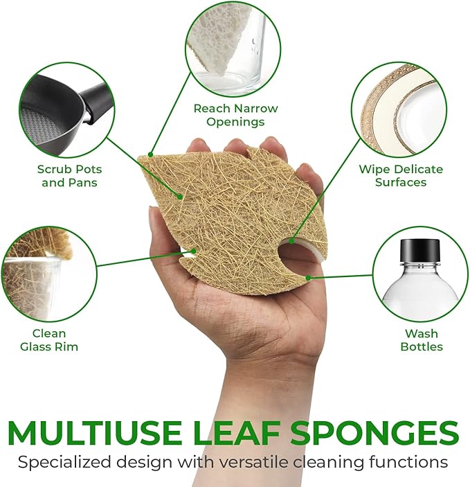 AIRNEX Natural Kitchen Sponges (6 Pack) - Biodegradable Cellulose & Coconut Scrubber Dish Sponge for Kitchen - Eco-Friendly, Non Scratch, Compostable, Non Toxic Leaf Shaped Natural Sponges for Dishes