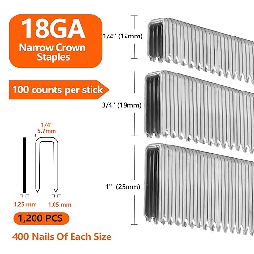 1200-Count 18 Gauge 1/4 Inch Narrow Crown Staples (1/2"+3/4"+1"), 400 per Size, Heavy Duty Beveled Chiseled Pointed Galvanized, Assorted Size Project Pack, for Pneumatic, Electric Stapler