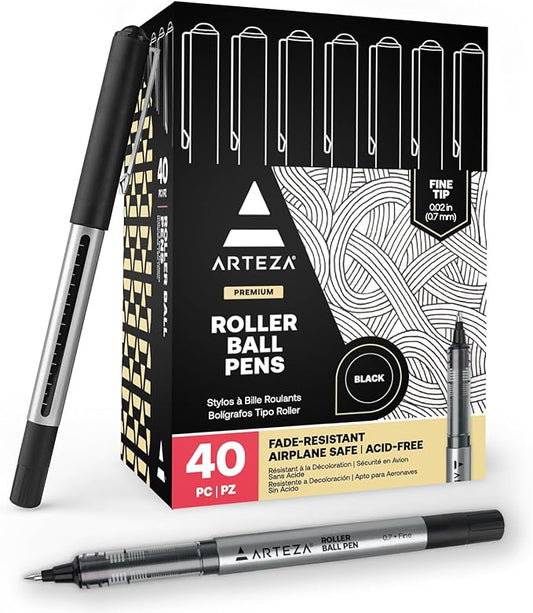 ARTEZA Rollerball Pens, Pack of 40 – Black Ink Fine Point Pens with 0.7 mm Tip for Journaling, Notetaking, Office Work, and Everyday Writing