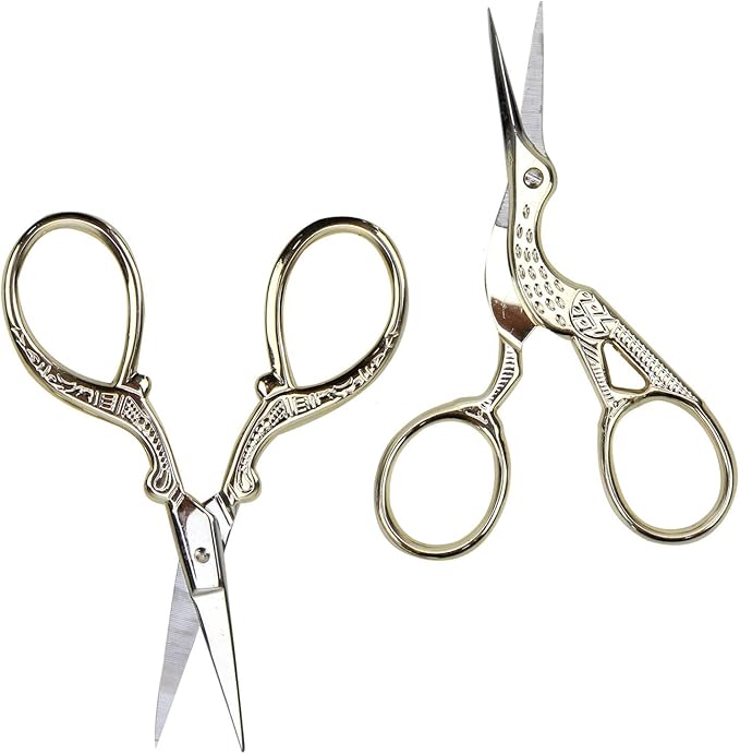 AQUEENLY Embroidery Scissors, Stainless Steel Sharp Stork Scissors for Sewing Crafting, Art Work, Threading, Needlework - DIY Tools Dressmaker Small Shears - 2 Pcs (3.6 Inches, Gold)