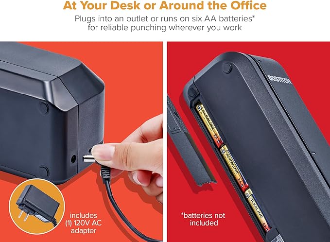 Bostitch Office Electric 3-Hole Punch, Dual Paper Loading, Heavy Duty, Jam-Free 20 Sheet Capacity, AC Adapter or Battery Powered, Space Saving, Black, (EHP20-BLK)