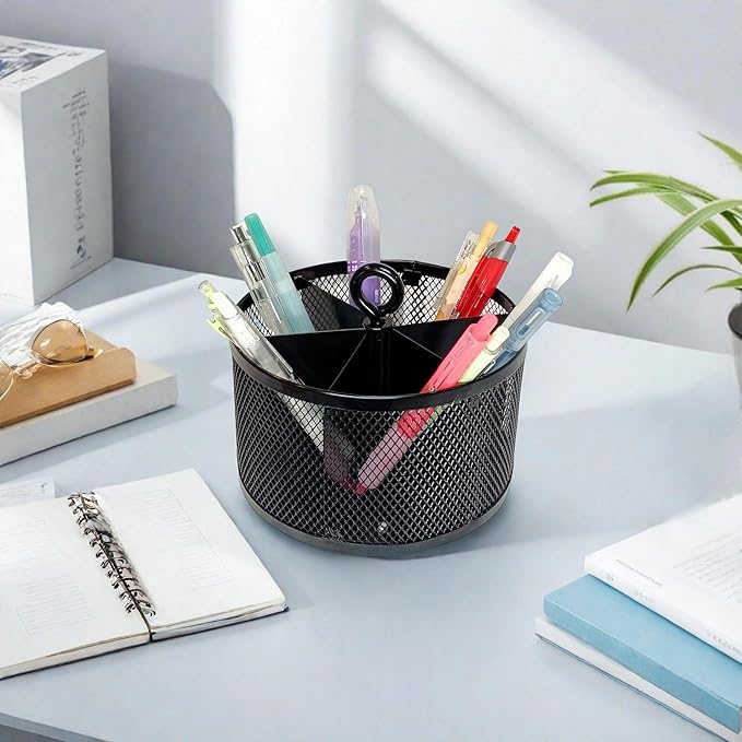 SETTFRFE Metal Mesh Desk Organizer,360°Rotating Pen Holder, Black Pencil Container with 6 Compartments, Office Supplies Organizer for Students, Home, Workspace