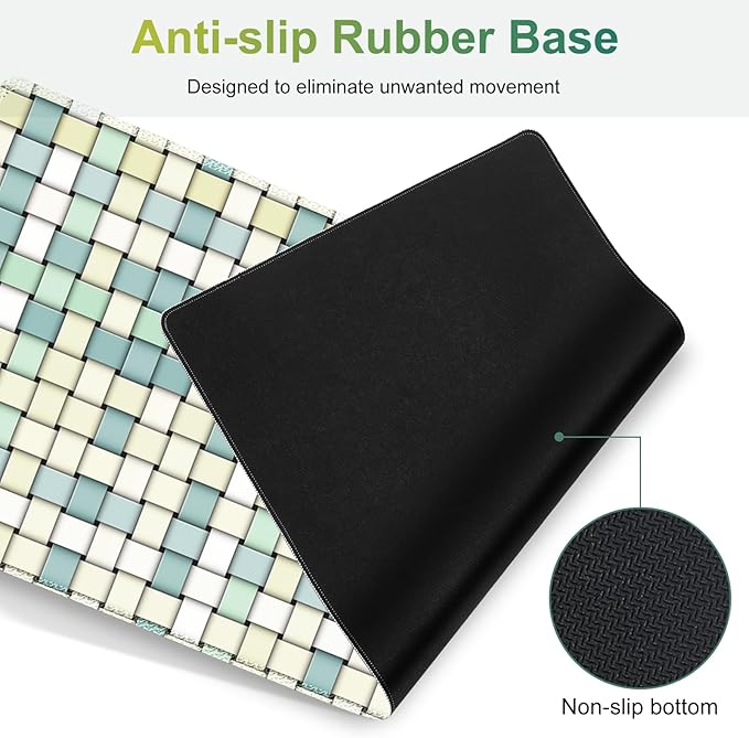 Desk Mat Gaming Mouse Pad, Cute Desk Matt Keyboard Wrist Rest for Desktop, Anti-Slip Mousepad Stitched Edges, XXL Large Mouse Pad with Wrist for Desk Computer I Green Woven Plaid Pattern