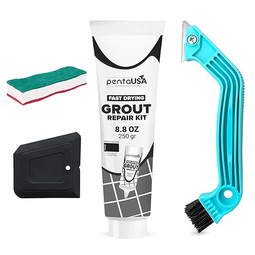 PentaUSA Grout - Tile Grout Repair Kit with Grout Removal Tool, Premix Grout Bundle Set with Remover Saw, Sponge and Cleaner (8.8 Oz - 250gr) (Black)