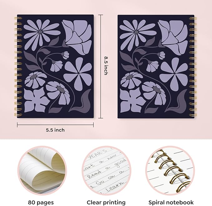 VONTP Boho Abstract Floral Spiral Notebook, Purple Abstract Flower Aesthetic Journal, Boho Office Supplies, Botanical Floral College Ruled Notebook Journal for Writing, 5.5x8.3