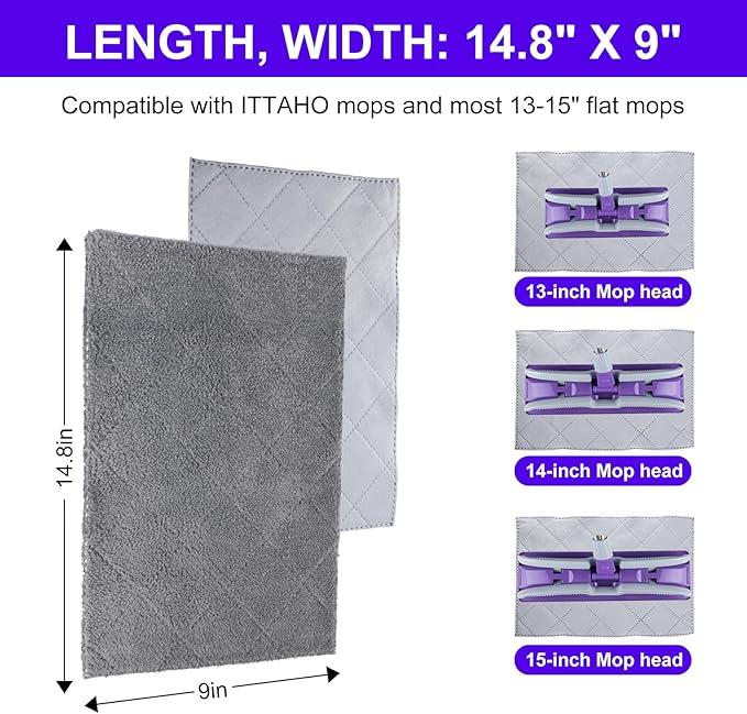 ITTAHO 3-Pack Microfiber Mops Refill Pads for 14 Inch Mop, Hardwood & Hard Floors Microfiber Cleaning Mop Pads, Machine Washes, Size:14.8in X 9in (Gray-Mop Pad Refills)