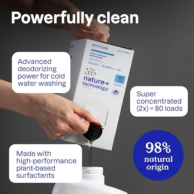 ATTITUDE Liquid Laundry Detergent Refill, EWG Verified, HE Compatible, Plant-Based & Vegan, Natural Laundry Soap, Mountain Fresh Scent, 80 Loads, 67.6 Fl Oz
