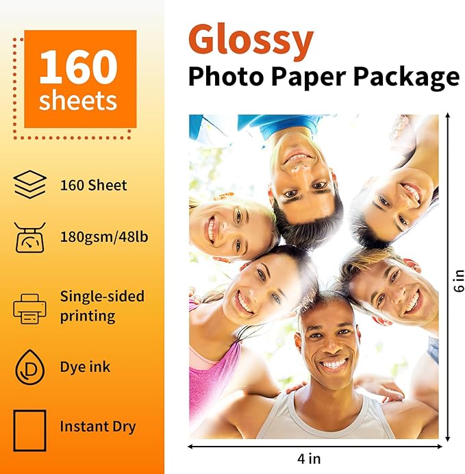 4x6 Glossy Photo Paper, 160 Sheets Picture Paper for Inkjet Printer, 180gsm/48lb