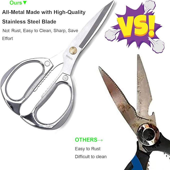 7.5in Stainless Steel Kitchen Scissors, Heavy Duty Shears for Chicken, Meat, Food, Vegetables, BBQ (Silver)