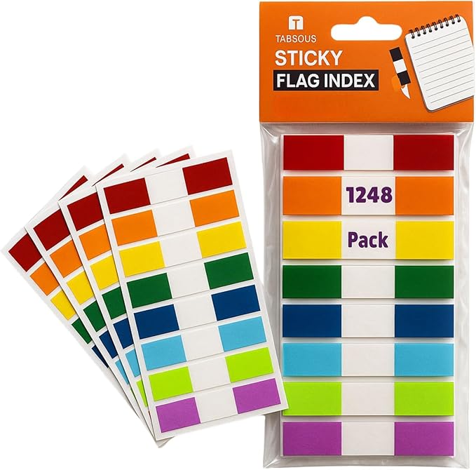 Tabsous 1248 Sticky Tabs - Repositionable, Writable Index Tabs & Page Flags for Books, Files, and Notes - Transparent Colored Markers for Organizing, Highlighting, Classifying Documents (08 Colors)