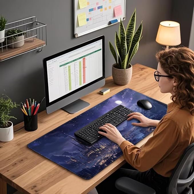 Fantasy Castle Night Scene Large Gaming Mouse Pad 31.5"x15.7"｜XXL Desk Mat, Non-Slip Rubber Base & Stitched Edges - Extended Waterproof Mousepad for PC/Laptop/Office/Home Decor