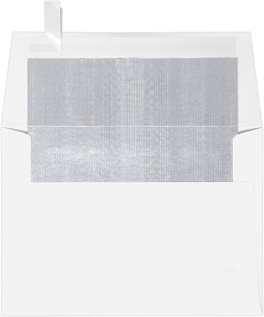 LUXPaper A6 Foil Lined Invitation Envelopes | Peel & Press | 4 3/4" x 6 1/2" | White w/Silver LUX Lining | 60lb. Text | 50 Qty