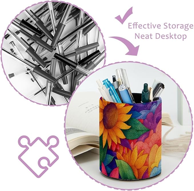 Watercolor Art Sunflower Circular Pen Holder, Pen Cup Makeup Brush Holder, Design for School, Home and Stationary Supplies (3.9 x 3.1 Inches)