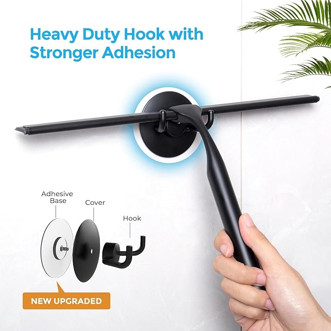 Quntis 12 Inch Squeegee for Shower Glass, Black Shower Squeegee with Adhesive Hooks Heavy Duty, Non-Slip Long Handle, Spare Blade, All-Purpose Squeegee Cleaning for Bathroom Doors Car Window