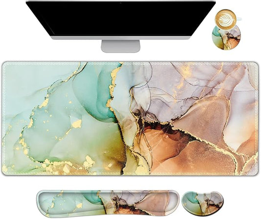 ARTSO Large Gaming Mouse Pad, Keyboard Wrist Rest Pad & Wrist Support Mousepad Set, Stitched Edge, Extended, Non-Slip Base, Memory Foam Desk Mat for Office, Home, Abstract Art Marble