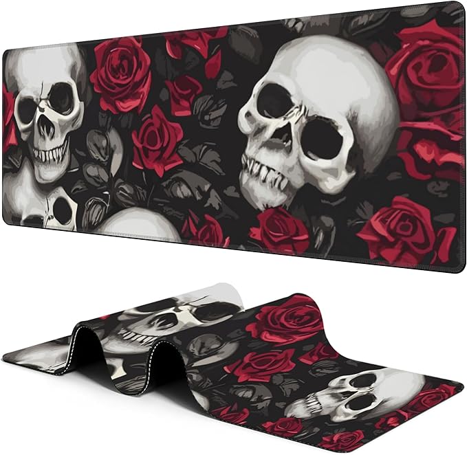 Large Gaming Mouse Pad for Desk Skulls and Roses Big Desk Mat Extended Mousepad with Stitched Edge and Non-Slip Base Long Computer Keyboard Mouse Mat for Home Office Work, 11.8 x 31.5 Inch