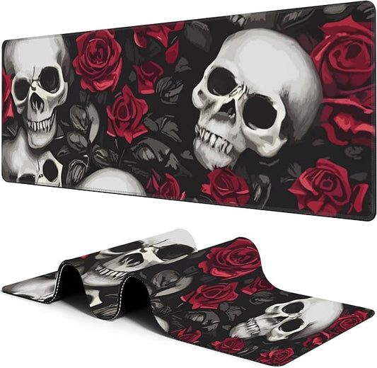 Large Gaming Mouse Pad for Desk Skulls and Roses Big Desk Mat Extended Mousepad with Stitched Edge and Non-Slip Base Long Computer Keyboard Mouse Mat for Home Office Work, 11.8 x 31.5 Inch