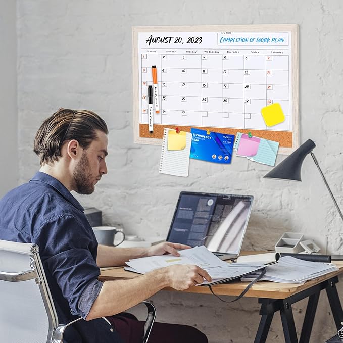 Monthly Whiteboard Calendar & Corkboard for Wall, Magnetic 17"x13" Dry Erase Board with White Wood Framed, 2in1 White Board Cork Board Combo, Calendar Bulletin Board for Kitchen Planner Memo Office