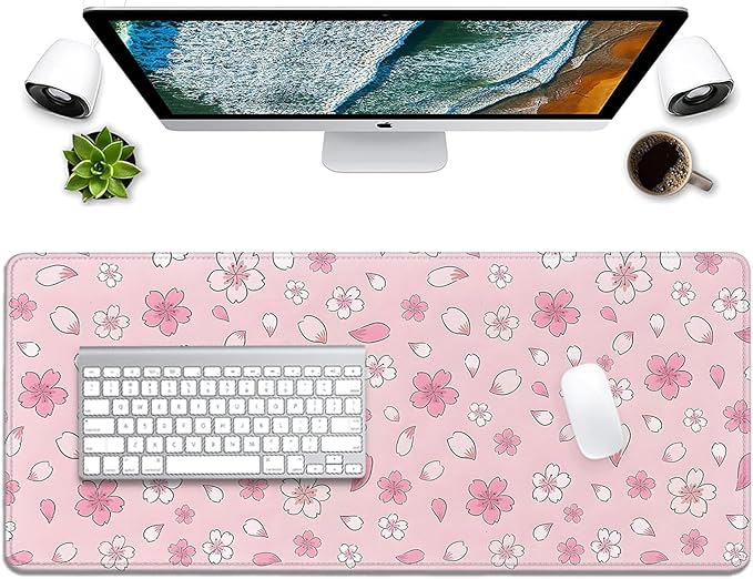 Japanese Cherry Blossoms Extended Desk Pad Mouse Pad,Large Gaming Floral Mouse Mat with Stitched Edges,Non-Slip Rubber Base Mousepad for Office Computer Keyboard Laptop Home(27.5X11.8 in)