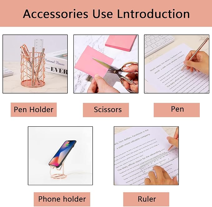 Office Supplies,Desk Accessories,with Stapler,Tape Dispenser,Pen Holder Cup for Desk,Staple Remover,Scissor,Ballpoint Pen,Clear Tape, Staples,Phone Stand,Ruler,Binder,Best Gift Set(Rose Gold)
