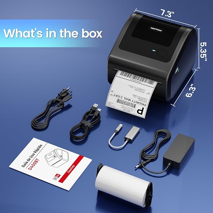 Bluetooth Shipping Label Printer 4x6 - D450BT Thermal Label Printer for Shipping Packages, Small Business, Home, Office, Compatible with Amazon, Ebay, Tiktok, Etsy, USPS