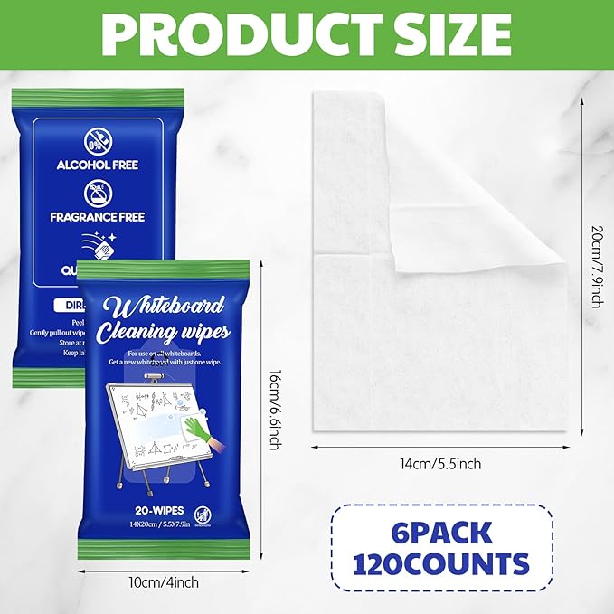 120 Counts Whiteboard Wet Wipes Dry Erase Board Cleaning Non-toxic Whiteboard Wipes Resealable Convenient Dry for Home Classroom School Office