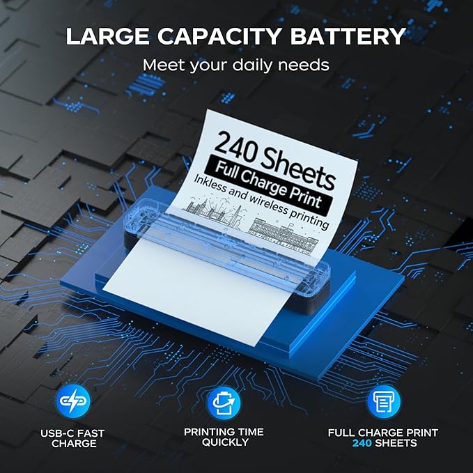 PRT Thermal Portable Printer Wireless for Travel, Inkless Bluetooth Support 8.5"x11" US Letter, A4, Compatible with iOS, Android, Laptop, Mobile Printer for Office, Vehicle, Home Use