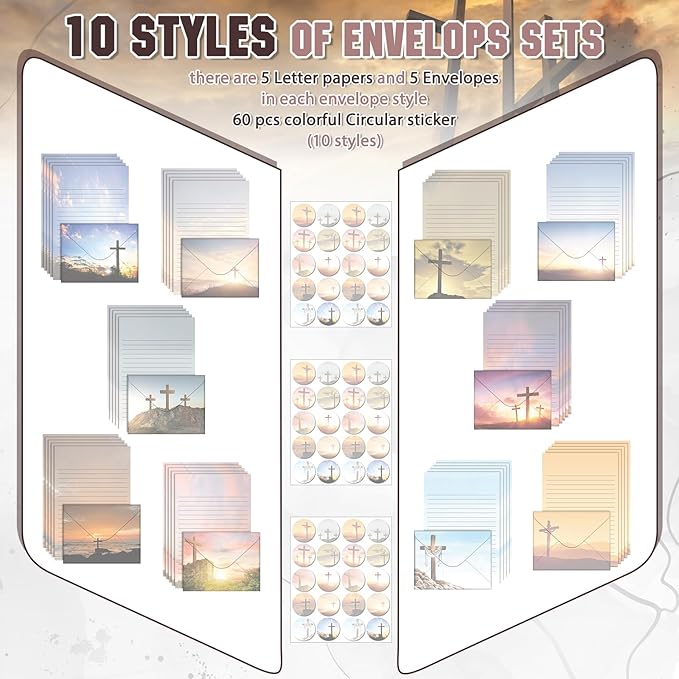 TaoBary 160 Pcs Stationery Paper Set 50 Double Sided Stationery Papers with 50 Matching Envelopes and 60 Round Dot Sticker, 10 Design(Religious Letter with Cross,5.5 x 8.25 Inch)